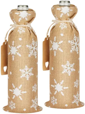 Produktbild von BRUBAKER Weinbeutel für Weihnachten - Schneeflocken Weiß - 36 cm x 17 cm Jutesack - Weintasche für Wein, Sekt, Champagner - Flaschenbeutel, 2 Stück