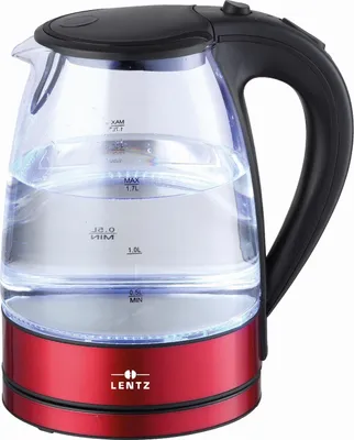 A red and clear glass electric kettle filled with water.