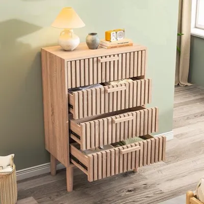 Immagine prodotto di Mobiletto contenitore con 4 cassetti, finitura noce - mobile in legno di 60x34x91 cm, ideale per soggiorno e ingresso