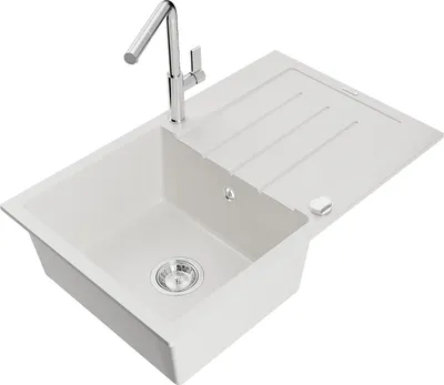 Immagine prodotto di Mexen Bruno lavello da cucina in granito con 1 vasca e scolapiatti e rubinetto da cucina Flora, bianco - 6513-20-670401-00
