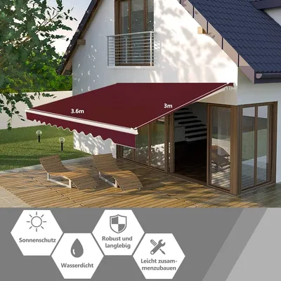 Produktbild von GOPLUS 3,6x3m Gelenkarmmarkise, 40°-100° eingestellt Markise, Balkonmarkise mit Handkurbel, Anti-UV & Wasserfest, Weinrot