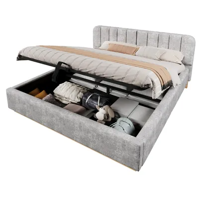 Produktbild von Polsterbett mit LED-Beleuchtung und Stauraum, 180x200 cm, gepolsterter Kopfteil, Doppelbett, Stauraumbett, Chenille