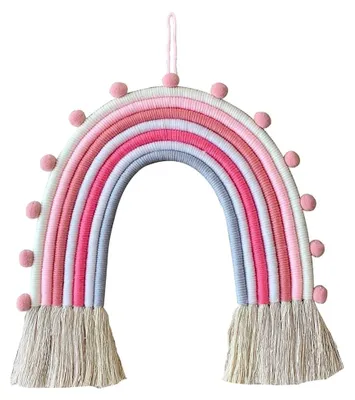 Produktbild von Regenbogen Wanddekoration für das Kinderzimmer, gewebter Wandteppich mit Quasten aus weichem Baumwollseil, niedliche Wandkunst (Pink)