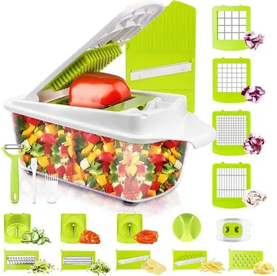 Image de Unyqoos® : Ensemble manuel multifonctionnel de 23 pièces pour couper les légumes – tranche julienne, spirale et dés, avec bac en plastique, lavable au lave-vaisselle