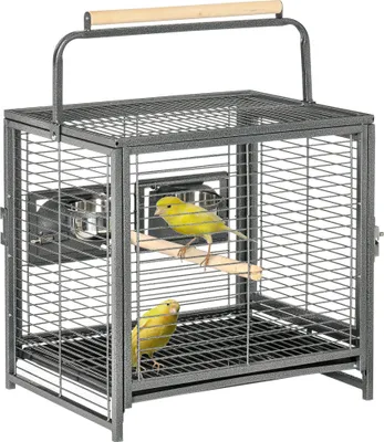 Produktbild von PawHut Tragbarer Vogelkäfig, Lovebird-Käfig mit 2 Holzsitzstangen, 2 Edelstahl-Futterspendern und abnehmbarem Tablett für Kanariensittiche, 48 x 38 x 47,8 cm, Schwarz