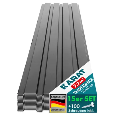 Produktbild von 15 kusů trapézového plechu 115x45 cm profilový plech SET včetně 100 šroubů 7,7 m² stěnový plech střešní plech šedý