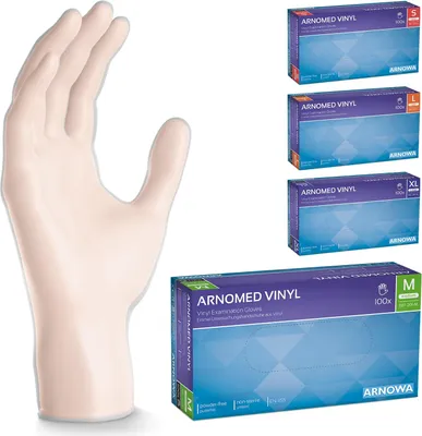 Produktbild von ARNOMED Vinyl-Handschuhe, tastsensibel, Größe M, Einmalhandschuhe | Box (100 Stück)
