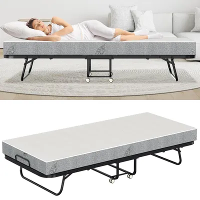 Obrázek produktu pro Skládací postel Peviasot s matrací, rozměry 90x200 cm, úsporná postel pro hosty s kolečky