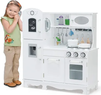 Produktbild von COSTWAY Kinderküche mit realistischem Licht & Sound, Kinder Spielküche Holz mit Kühlschrank, inkl. Spielzubehör, für Kinder ab 3 Jahre, weiß, 79 x 30 x 88,5cm