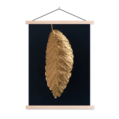 Produktbild von MuchoWow® Textilposter Blätter - Schwarz - Gold - Luxus - Natur 60x80 cm mit holzfarbenen Rahmen - Wandbild