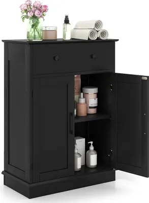 Immagine prodotto di COSTWAY Mobile da bagno, mobile da bagno con cassetto, ante e ripiano regolabile, cassettiera in legno, 56 x 30 x 80 cm, nero