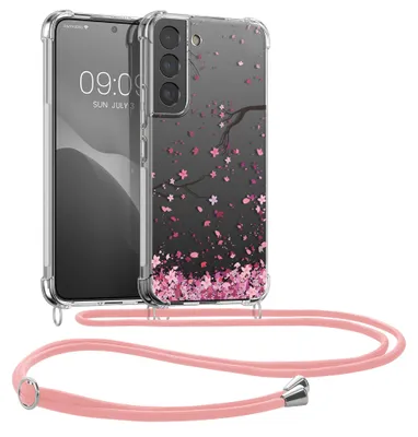 Produktbild von kwmobile Necklace Case kompatibel mit Samsung Galaxy S22 Hülle - Silikon Cover mit Handykette - Rosa Dunkelbraun Transparent Kirschblütenblätter