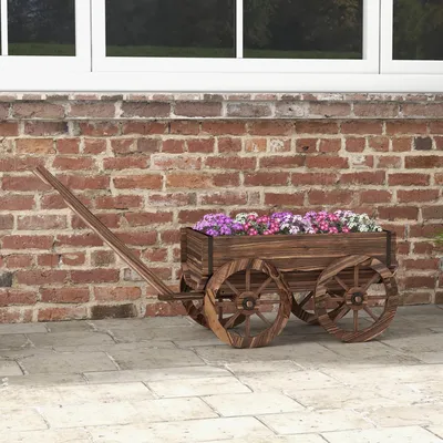 Produktbild von SUGIFT Pflanzen-Schubkarre Hochbeet, fahrbares Pflanzenbeet Holz, Blumenständer outdoor Tannenholz, Verkohlt | 120 x 41 x 54 cm | 34 L | 4 Rollen