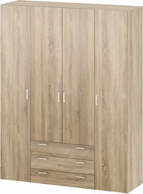 A wardrobe with four doors and three drawers at the bottom, shown against a light gray background.