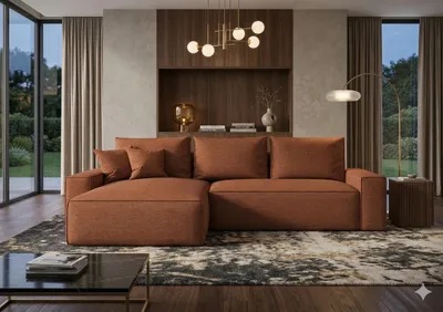 Produktbild von CORNERO Ecksofa mit Schlaffunktion CALIFORNIA in L-Form mit Bettkasten Sofa mit Schlaffunktion Couch mit Stauraum Orange Ottomane links