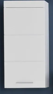 A white cabinet mounted on a blue wall.