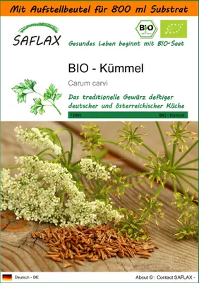 Produktbild von SAFLAX Garden in the bag - BIO - Kümmel - Carum carvi - 800 Samen - Mit Anzuchtsubstrat im praktischen, selbst aufstellenden Beutel