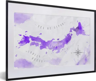 Produktbild von MuchoWow® MuchoWow® Gerahmtes Poster Weltkarten - Japan - Violett 60x40 cm - Poster mit zchwarzem Bilderrahmen - Schlafzimmer - Plakat in Rahmen - Drucken