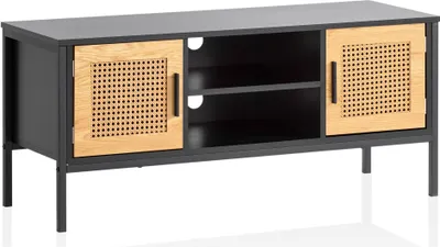 Produktbild von FineBuy Lowboard Schwarz / Eiche mit Wiener Geflecht 110x48x40 cm TV-Kommode Zeitlos TV-Schrank Hoch Fernsehtisch Fernsehschrank mit Türen