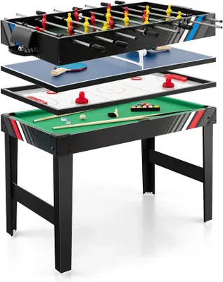 Imagen del producto de Mesa de juegos multifunción, 4 en 1: mesa de futbolín con billar, hockey y tenis de mesa. Mesa de futbolín multifuncional con accesorios, ideal para salas de juegos, fiestas y bares. Dimensiones: 125 x 97 x 83 cm