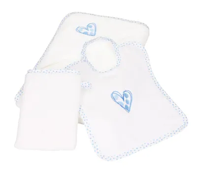 Produktbild von Betz 3tlg Kapuzentuch 85x85 cm Babyset HERZCHEN I 100% Baumwolle 1 Kinder Badetuch 1 Lätzchen 1 Waschhandschuh Baby Farbe - weiß-blau