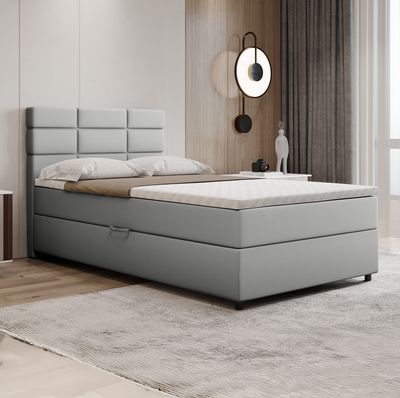 Boxspringbett 120x200, mit Bettkasten, Hellgrau, Matratze und Topper, Einzelbett, REVE, Panda Möbel