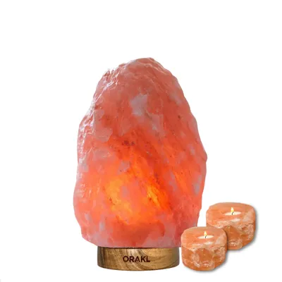 Produktbild von Orakl® - Dimmbares Salzlampenset Aura - 2-4 KG - Salzlampe und 2 Teelichter - 100% echtes Salz - Salzkristall-Lampe - Salzlampe - Salzstein