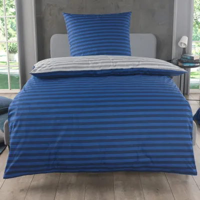 Produktbild von Baumwoll Bettwäsche 135x200 cm, 2-teiliges Set, Streifenmuster, Wende Bettbezug 135 x 200 cm, Kissenbezug 80x80, Renforcé, atmungsaktiv, elegant Blau