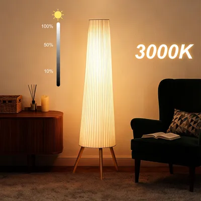 Produktbild von LED Stehleuchte Holz Dimmbar – Skandi Dreibein Stehlampe mit Fußschalter, Warmweiß 3000K, Moderne Standleuchte Stoffschirm für Wohnzimmer Weiß 153cm.