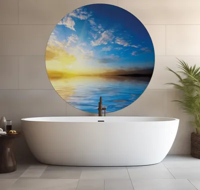 Produktbild von Wallario wasserfestes Poster selbstklebend 120 x 120 cm, Sonnenuntergang über dem Meer I, Badezimmerposter Spritzschutz mit Hochglanzoberfläche in Glasoptik