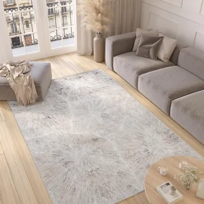 A modern living room with a gray sectional sofa, a gray ottoman, a rug with a dandelion-like pattern, and a round wooden coffee table.