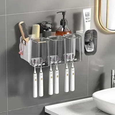 Produktbild von Zahnbürstenhalter Wand, 3 pcs Zahnputzbecher Kunststoff Set, Zahnburstenhalterung Ohne Bohren Kann für Kinder und Familien,(Weiß)