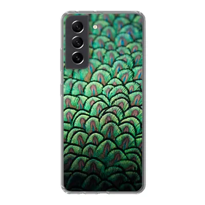 Produktbild von MuchoWow® Handyhülle Schutzhülle Hülle für Samsung Galaxy S21 FE Nahaufnahme des Gefieders eines Pfaus Silikon Softcase Handy Hülle - Mobiltelefonhülle
