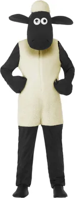 A full-body shot of a Shaun the Sheep costume for children.