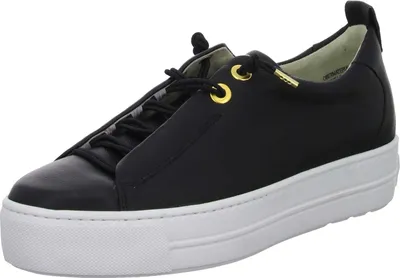 A black leather sneaker with a white platform sole is shown from a side angle against a white background.