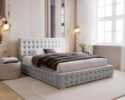 Zdjęcie produktu dla BESILIO Łóżko tapicerowane pikowane 160x200 Palmo - łóżko z pojemnikiem chesterfiled, pikowane guziki - Jasnoszary