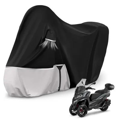 Zdjęcie produktu dla Pokrowiec na motocykl, przeznaczony do użytku na zewnątrz, dla skuterów Piaggio MP3 400/500 z bagażnikiem, wykonany z materiału Oxford 420D, wodoodporny, odporny na warunki zimowe