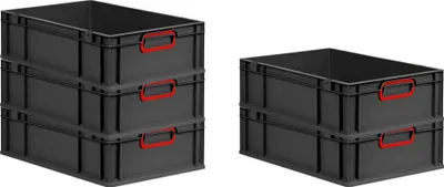 Immagine prodotto di SuperSparSet 5x Eurobox NextGen Color | HxLxP 17x40x60cm | 34 litri | Maniglie rosse chiuse | Nero | Eurocontenitore, contenitore per il trasporto, contenitore per il trasporto, contenitore impilabile