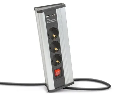 Image de Prise coudée avec interrupteur, 3 prises 250 V/16 A + 2 ports USB 2,1 A, boîtier en aluminium, sécurité enfants, câble de 1,5 m [20483S]