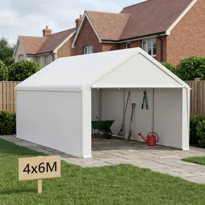 Productafbeelding van UISEBRT 4MX6M, witte carport met stalen frame, PE-dak, afneembare zijwanden, inclusief windtouwen en grondpennen, geschikt voor personenauto's, motorfietsen en tuingereedschap