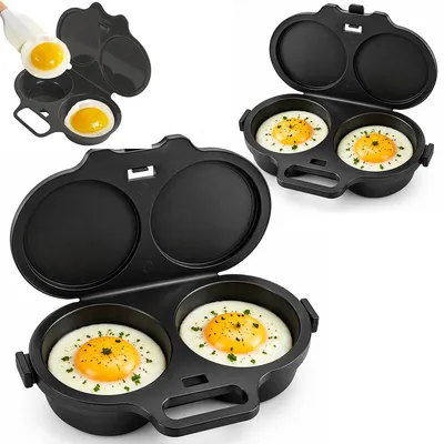 Produktbild von Mikrowellen-Eierkocher 2er Set, 2-Kammer Eierpochierer aus PP mit Deckel, für 2 Eier, kompakter Küchenhelfer, Schwarz