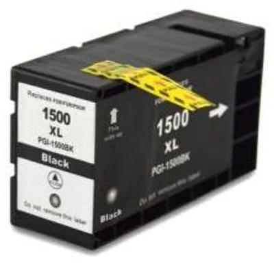 A black ink cartridge with a yellow tape seal.