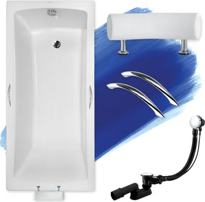 Zdjęcie produktu dla Wanna Akrylowa Zestaw 5w1 Prostokątna 160x70 Biała + Uchwyty + Czarny Zagłówek, Nowoczesny Syfon i Nogi (stelaż) w komplecie | BADLAND OPTIMA PREMIUM
