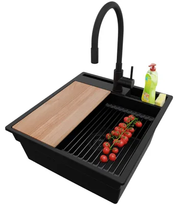 Produktbild von PRIMAGRAN Granitspüle Alles Schwarz 48x53cm, Spülbecken 1 Becken + Ablauf-Set + Küchenzubehörset, Küchenspüle ab 50er Unterschrank - Oslo Pocket