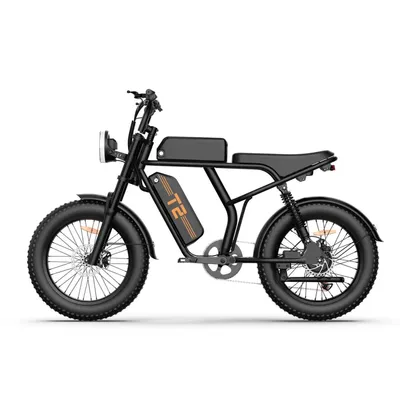 A black electric bicycle is shown against a white background.