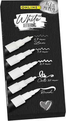 Produktbild von Online Handlettering-Stifte – Set mit 5 Stück – Weiß – Hochdeckende Handlettering-Stifte – Starter-Set mit Pinselstift – Fineliner