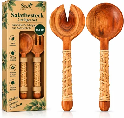 Produktbild von Salatbesteck Akazienholz 30,5 cm, 2-teilig – Salatlöffel & Salatgabel aus Holz, Servierbesteck für Salat, Pasta & Obst