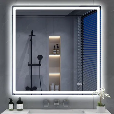 Image de Miroir de salle de bain éclairé, 80x80 cm, sans cadre, avec éclairage LED, 3 couleurs de lumière réglables, fonction anti-buée, indice de protection IP44