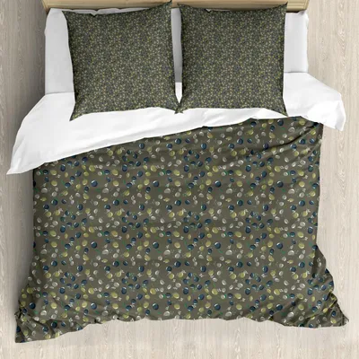 Produktbild von ABAKUHAUS Olive Bettbezug Set, Verschiedene Rund Bio-Plantage-Blätter und Zweige in verschiedenen Klangfarben, 155 x 220 cm + 80 x 80 cm, Taupe und Mehrfarbig