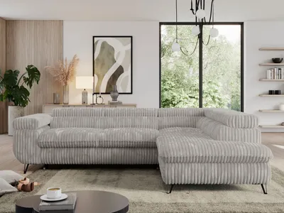 Produktbild von Sofa L-form, mit Bettkasten, Modern Wohnzimmer Ecksofa, Couchgarnitur, Schlaffunktion - PEDRO L - Cord - Hellgrau - Rechts